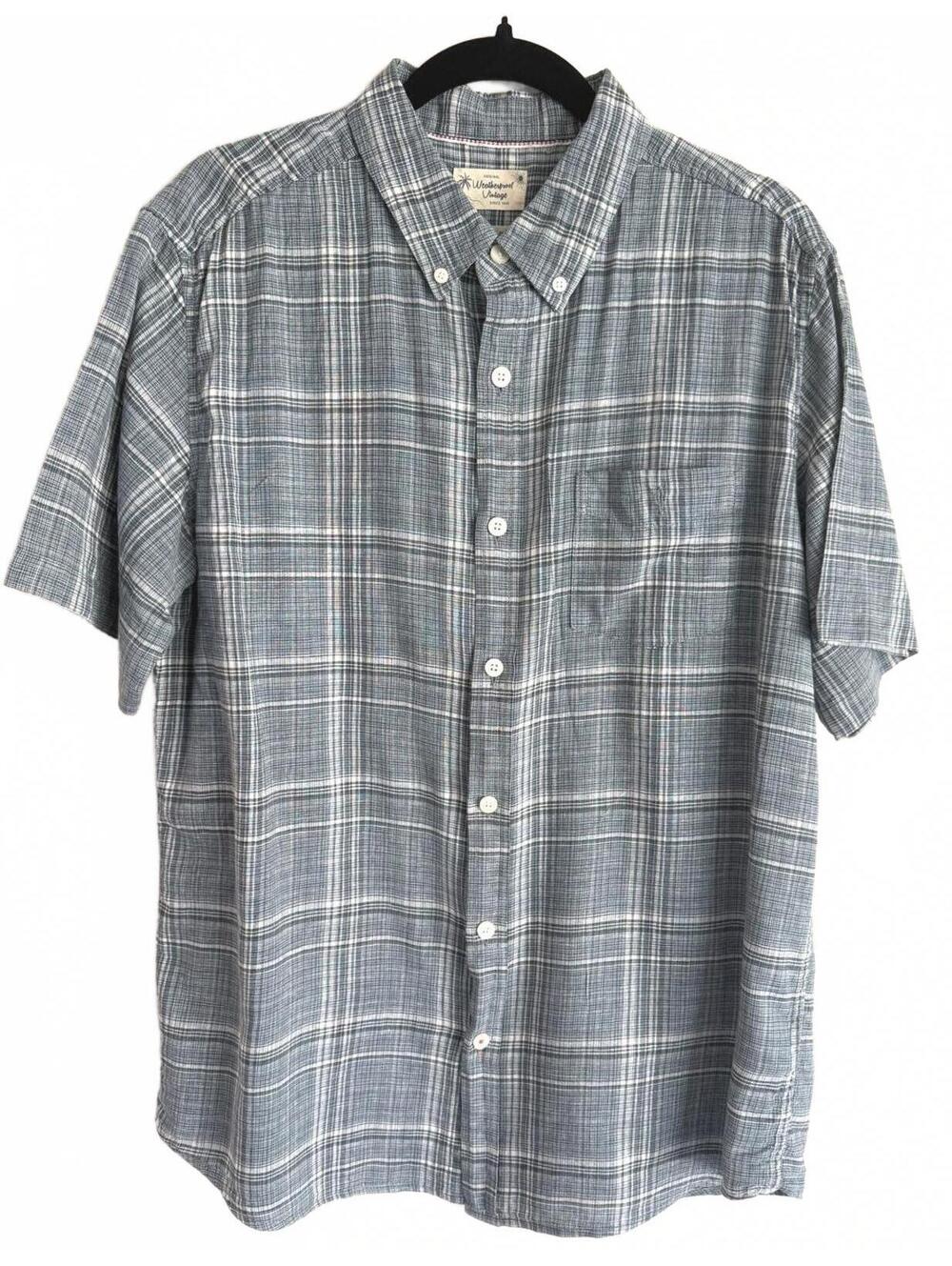 Weatherproof Vintage Linen Plaid Short Sleeve Button Down Shirt Blue Gray Size M